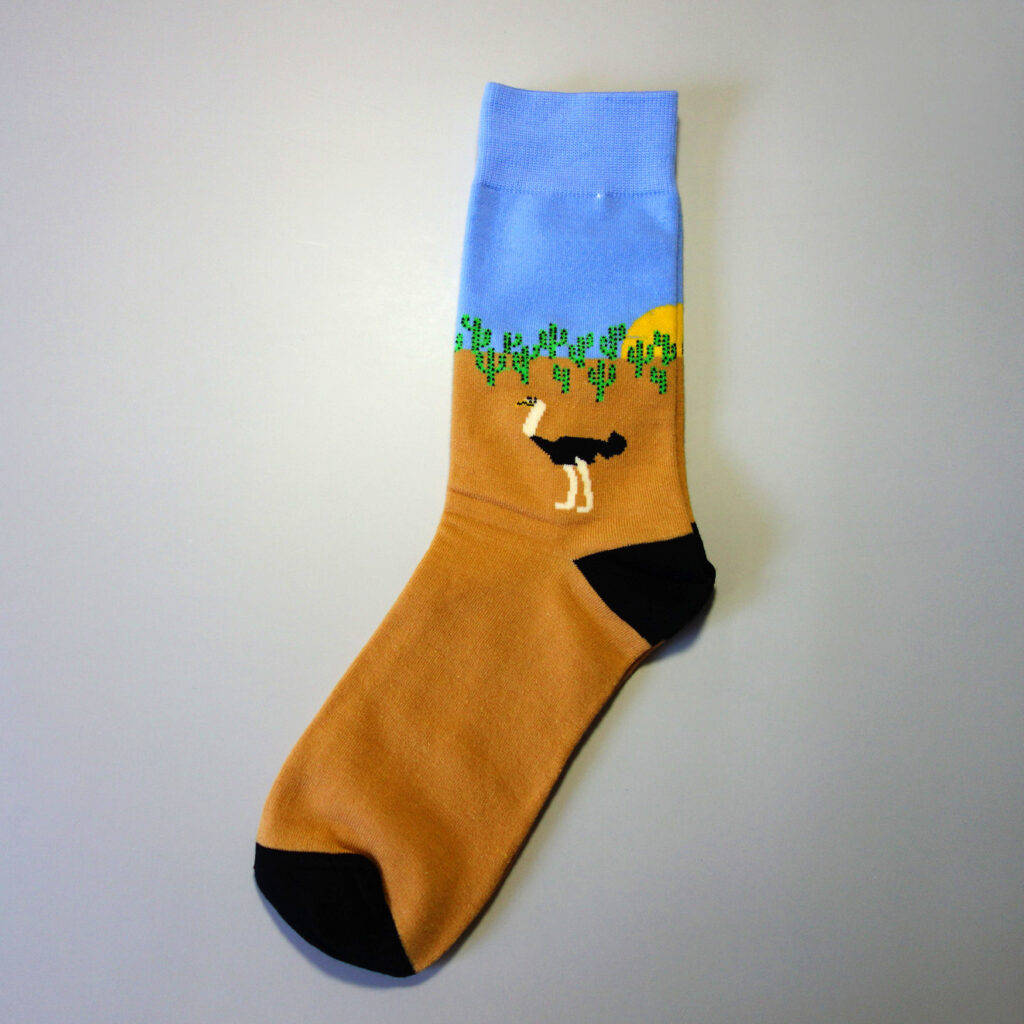 Custom brand sock with desert background and cactus patterns, together with a ostrich walking around. Base color: dark yellow and blue. Heel & toe color: black