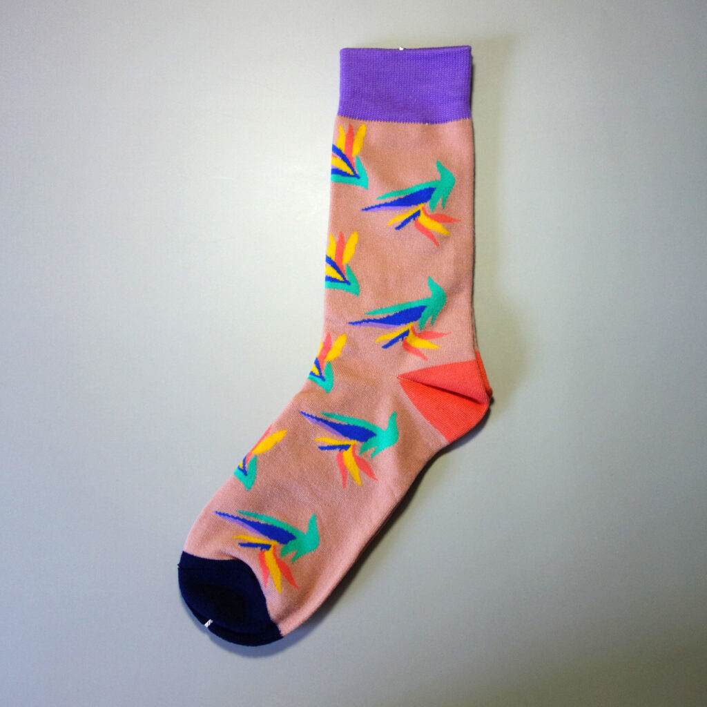 Ein Paar elegant gestaltete maßgeschneiderte Socken für geschäftliche Zwecke. Die Vogelillustration ist sehr inspirierend. Grundfarbe: rosa. Sekundärfarben: blau, grün, rosa, gelb, schwarz.