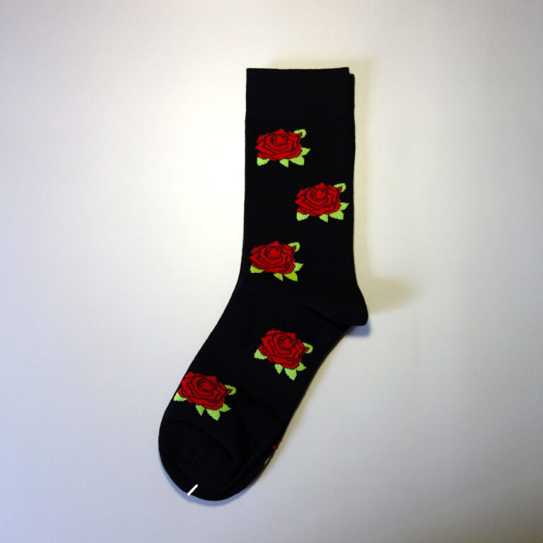 Custom brand socks with rose flower patterns around the sock tube. Base color: Black. Secondary colors: yellow and green.
