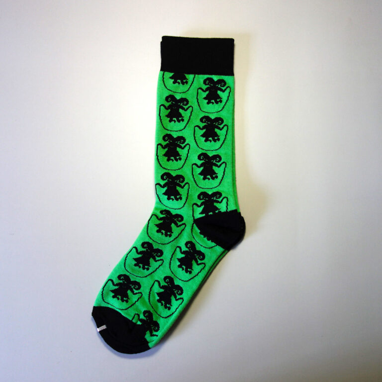 Custom socks with repeating logos. Base color: green, secondary color: black, custom dress socks
