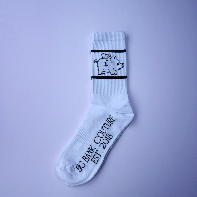 custom made socks with piggy logo and brand name knitted. You can also add a custom made tag with your contact info.