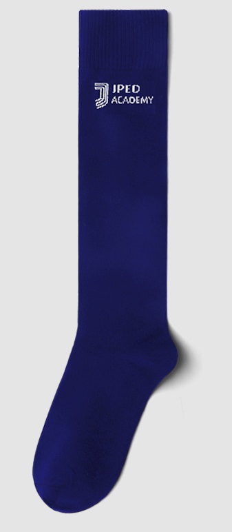 A custom knee sock made with logo for JPED Academy, base color: dark blue, secondary: white